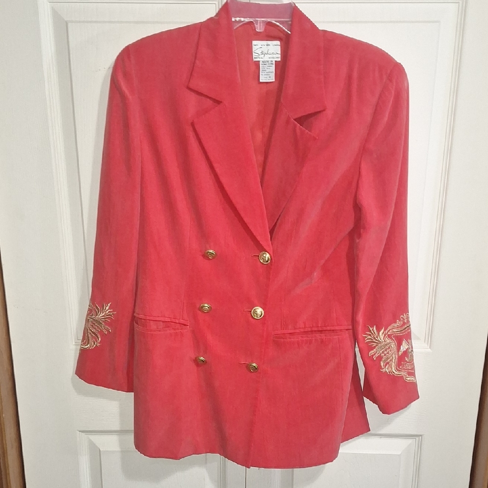 Vintage Stephanie Pure Silk Royal Navy Lined Blazer-Gold Embroidery-Coral Pink-8